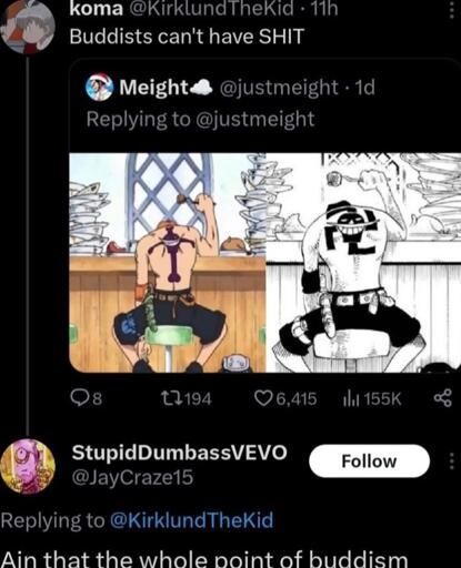 Picture demonstrsting that an anime changed a character's tattoo from a buddhist swastika to a christian cross/ koma: "Buddhists can't have shit!" / JayCraze15: "Ain't thst the whole point of Buddhism?"