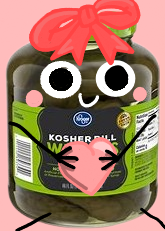 A pickle jar with googly eyes holding a pink heart wearing a red ribbon with a pink background